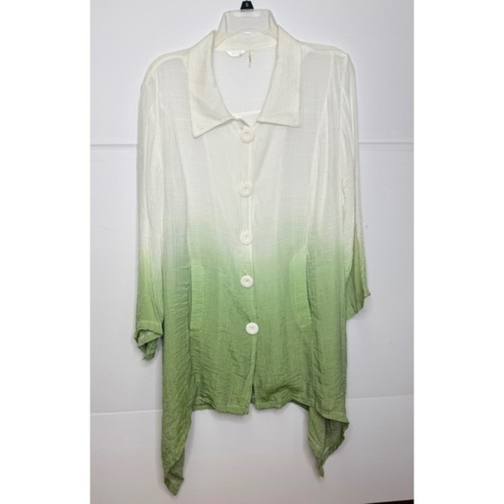 Kaktus Ombre Button Down Gausy Tunic Women L Sharkbite Hem Boho Lagenlook Resort